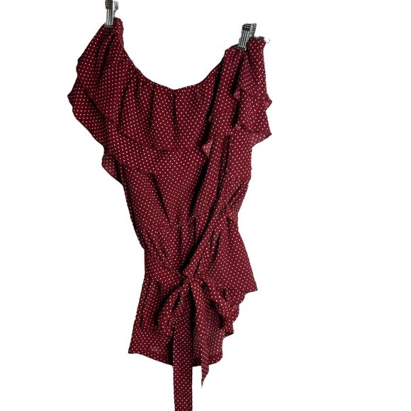 Anthropologie Maeve Women's L Rita Ruffled One Shoulder Top Polka Dots Red Wine - Picture 3 of 7
